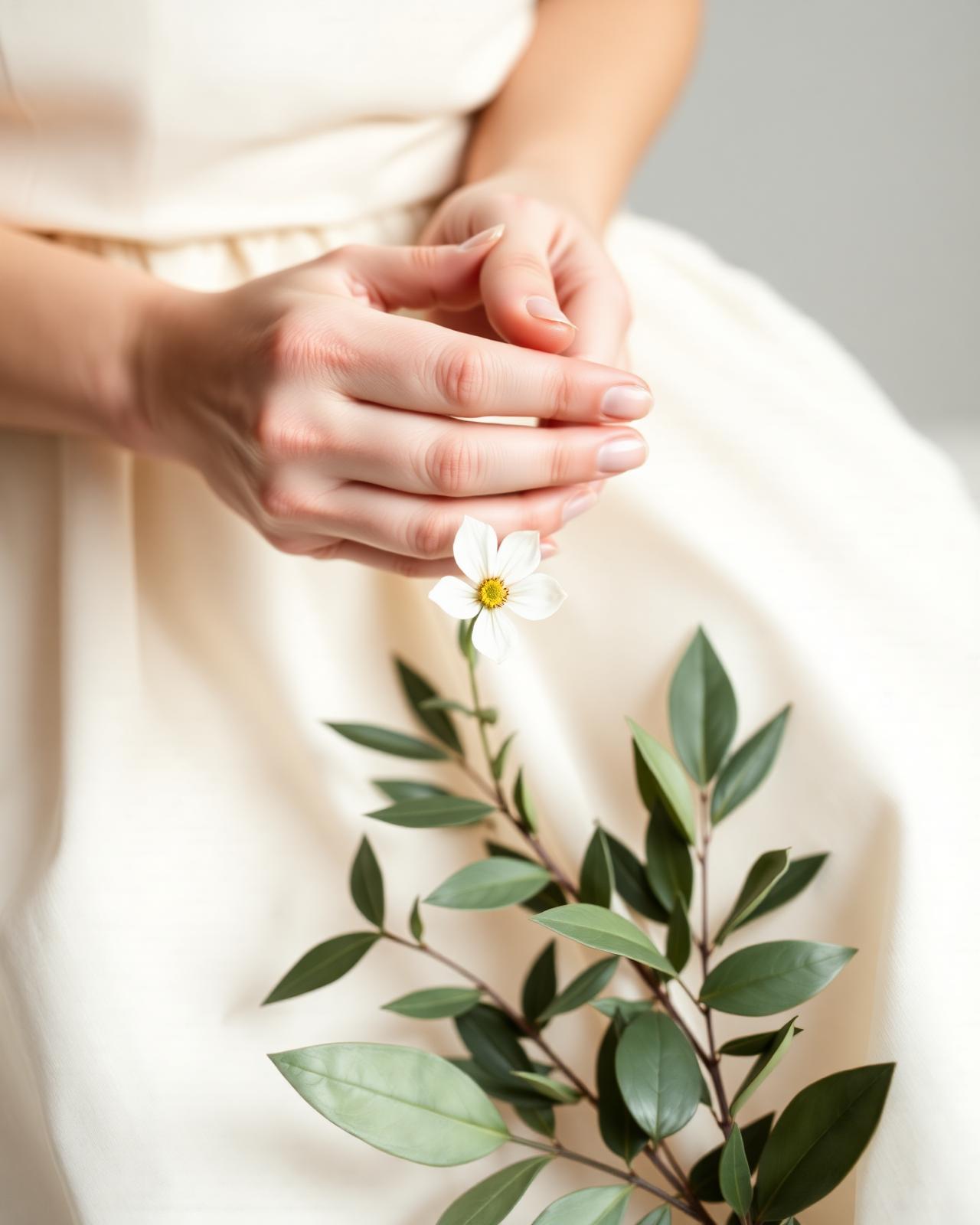 Mãos femininas segurando uma pequena flor sobre um ramo de oliveira, símbolo de cuidado e restauração
